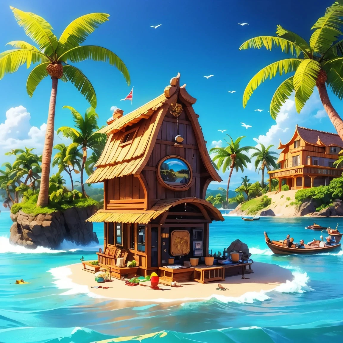 tree, coin, ocean, day, no humans, İSLAND, sparkle, beach, outdoors, boat, cloud, sky, water, palm tree, sand, kirby, treasure chest, blue sky, food,Packages,gold,shell