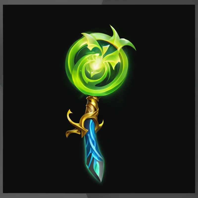 Close up of green and objects on black background, World of Warcraft Spell Icons, glowing Dragon Staff, glowing green soul blade, Mana flows around, Dragon Staff, Life Element Guardian, Magic Wand, The soul lingering in the green vortex, World of Warcraft Elf Druid, mage robe based on a toucan, Treant