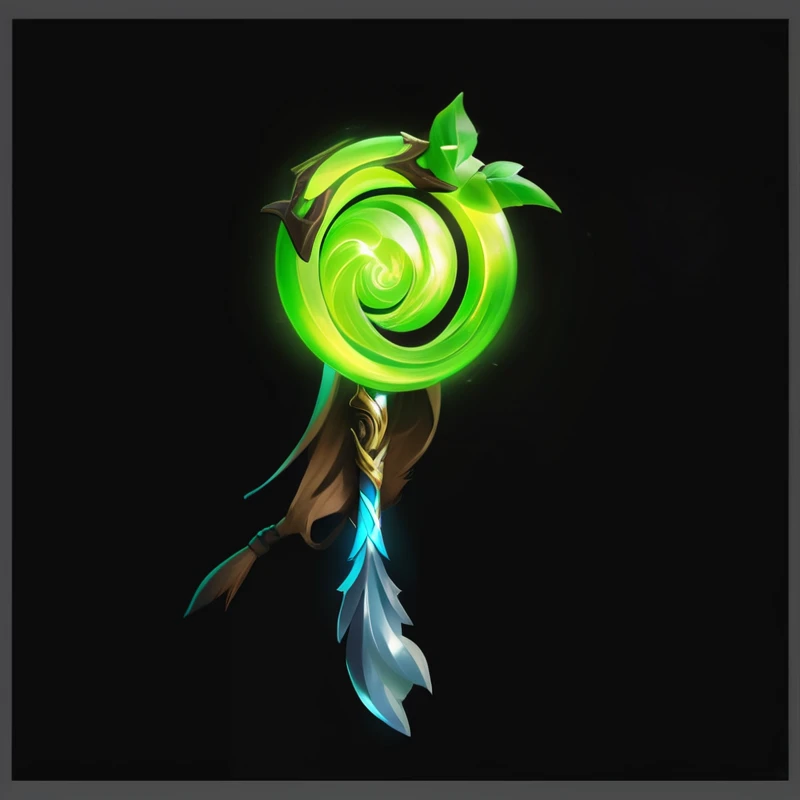 Close up of green and objects on black background, World of Warcraft Spell Icons, glowing Dragon Staff, glowing green soul blade, Mana flows around, Dragon Staff, Life Element Guardian, Magic Wand, The soul lingering in the green vortex, World of Warcraft Elf Druid, mage robe based on a toucan, Treant