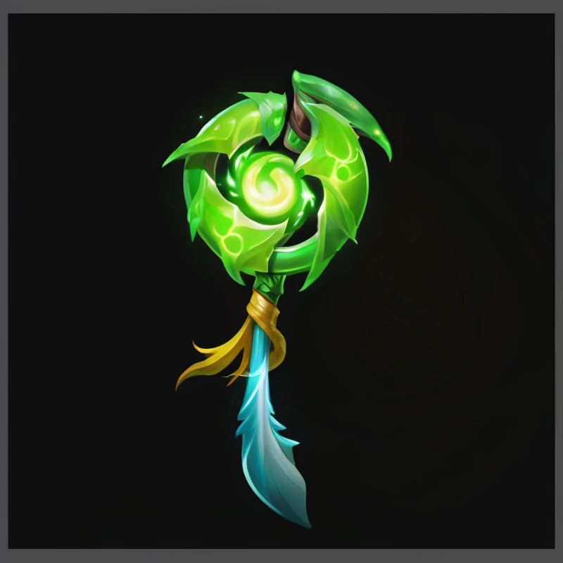 Close up of green and objects on black background, World of Warcraft Spell Icons, glowing Dragon Staff, glowing green soul blade, Mana flows around, Dragon Staff, Life Element Guardian, Magic Wand, The soul lingering in the green vortex, World of Warcraft Elf Druid, mage robe based on a toucan, Treant