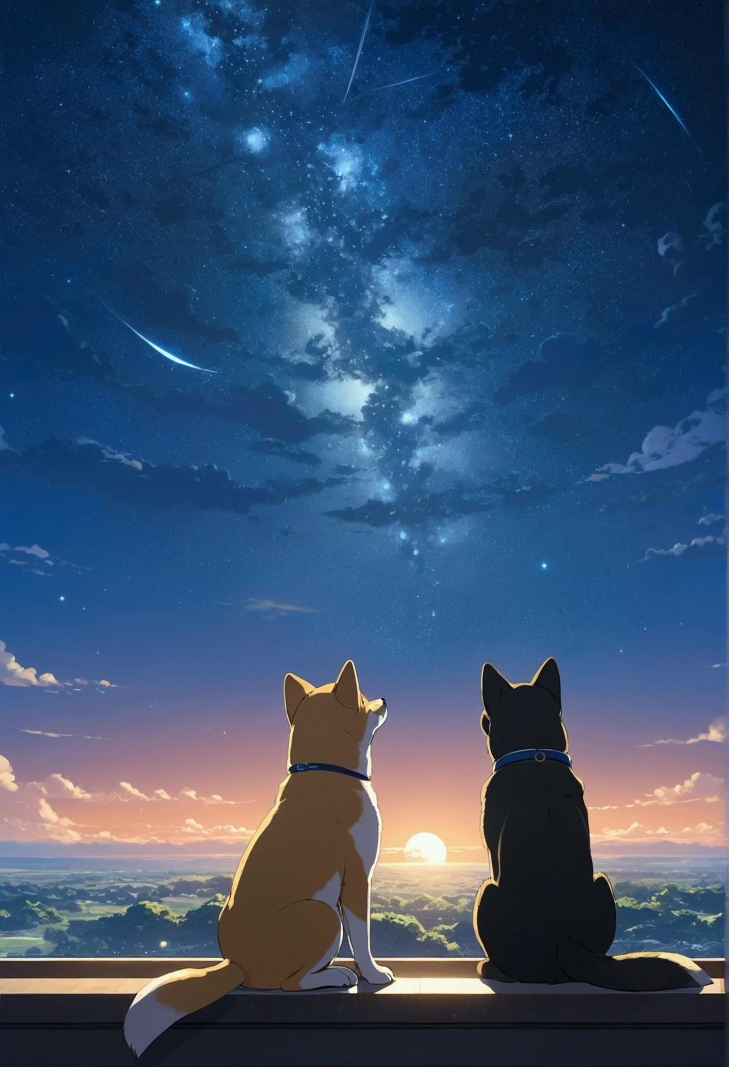 Makoto Shinkai Taste, Starry Sky, （１Shiba Inu puppies, Detailed Descriptionのアニメ）Healing scenes, hope,god々Beautiful scenery,shooting star, moon,Detailed Description, Magnificent Galaxy、
