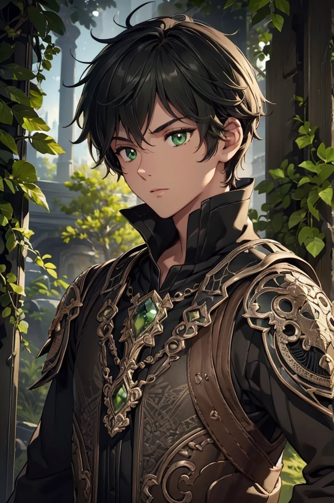 (Top quality details:1.22), 8K, High Resolution, Super detailed, High-quality texture, Intricate details, Detailed Texture, In detail, High detail, High Quality Shadows, Beautiful and kind eyes, Depth of written boundary, dark theme, 1boy, green eyes, black hair with green tips, adventuring gear, adult, male, tanned skin, light brown skin