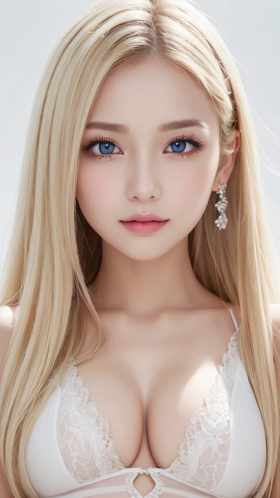 (((White background、rim light、lighting forward、shoot from above、Sexy clothes、forehead、White Blonde、Blonde、White Background、whole body、Up to the waist)))、Northern Europe、Russia、beautiful girl、Platinum Blonde Hair、Straight Long Hair、Big Blue Eyes、Northern Europeの若者、Glowing Skin、Young and beautiful skin、A perfect and beautiful little face、Bright makeup、Pale pink lips、Bright expression、lipstick、Intricate details、High resolution、 Detailed features of face design、Big Breasts、face-friendly lighting