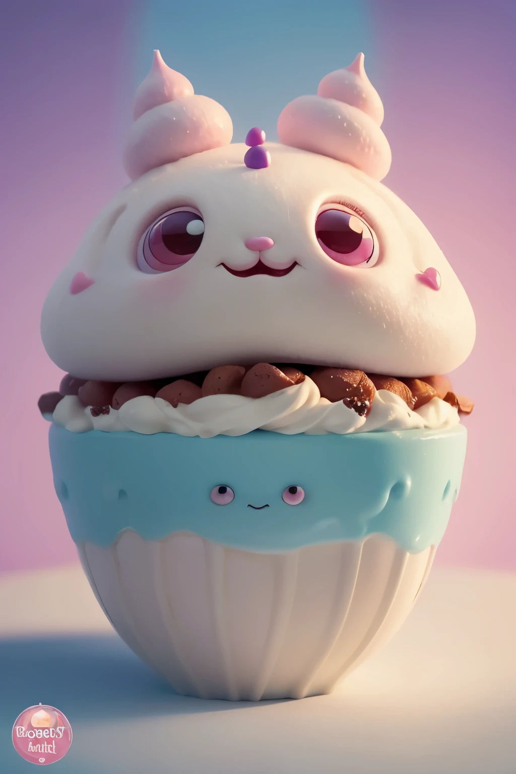 Close-up of a Sundae shaped like a cute monster, zbrush central contest winner, cute look, endearing expression, tv commercial, , cute and crazy, laugh-inducing action, disney and pixar animation Character, soft camrea lens, pastel color tune, inspired by The Grand Budapest Hotel color 