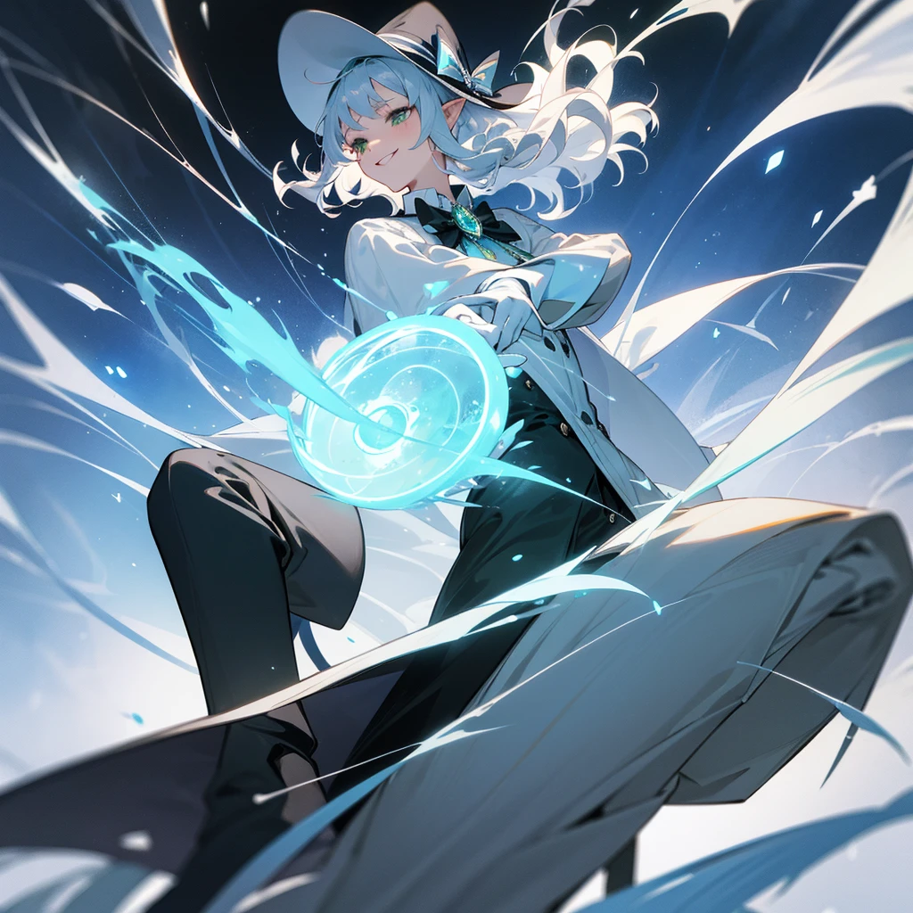 elf, silver hair,l ong hair, medium cut, curly hair,green eyes,slender,fair skin,White gloves,Smile,Mediovale, smart, laughing, inside, theater, mystical atmosphere, hazy Solo, atmosphere, fantasy, Tuxedo, wizard hat, long boots ,Main Character, pants, bow and scrape, blue effect, magic effect , ice loads effect