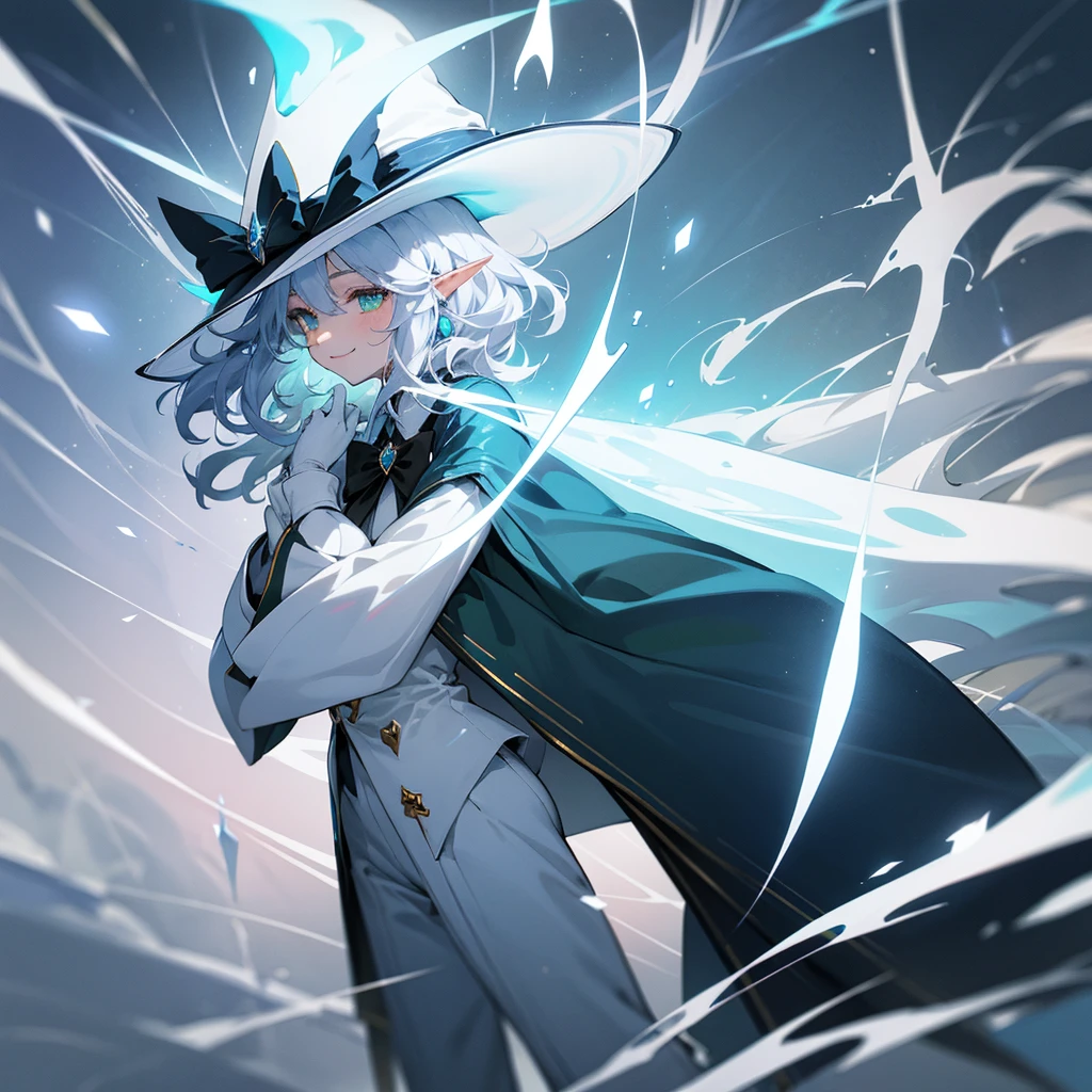 elf, silver hair,l ong hair, medium cut, curly hair,green eyes,slender,fair skin,White gloves,Smile,Mediovale, smart, laughing, inside, theater, mystical atmosphere, hazy Solo, atmosphere, fantasy, Tuxedo, wizard hat, long boots ,Main Character, pants, bow and scrape, blue effect, magic effect , ice loads effect