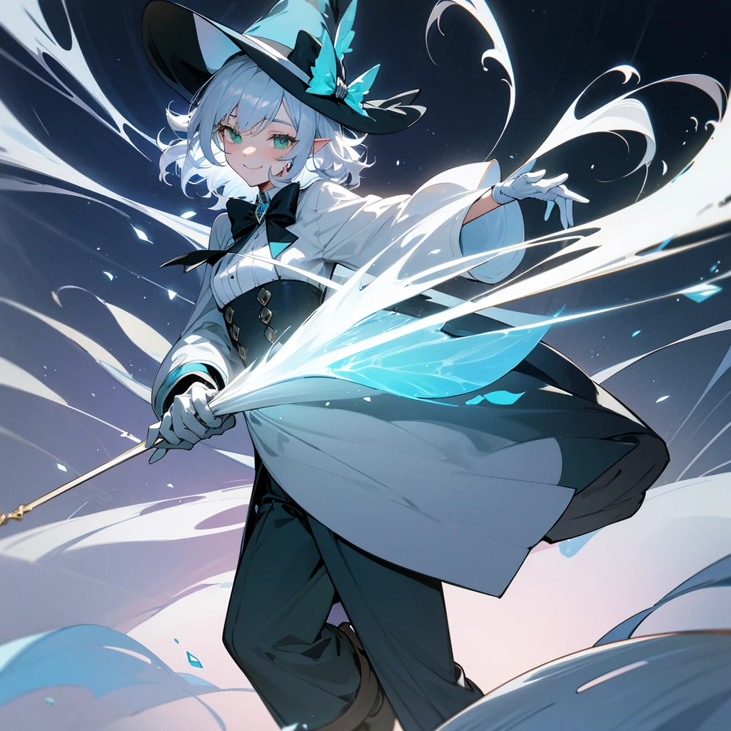 elf, silver hair,l ong hair, medium cut, curly hair,green eyes,slender,fair skin,White gloves,Smile,Mediovale, smart, laughing, inside, theater, mystical atmosphere, hazy Solo, atmosphere, fantasy, Tuxedo, wizard hat, long boots ,Main Character, pants, bow and scrape, blue effect, magic effect , ice loads effect