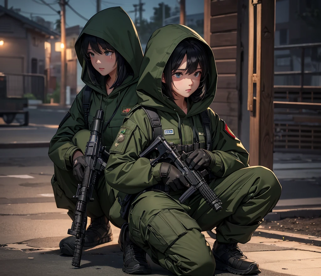 A group of female soldiers on night curfew，All wear dark green M-51 hooded military uniforms、Hooded on head、Magazine Pouch、Military Pants、Knee pads、Write details、masterpiece、best quality、Highly detailed CG、8K picture quality