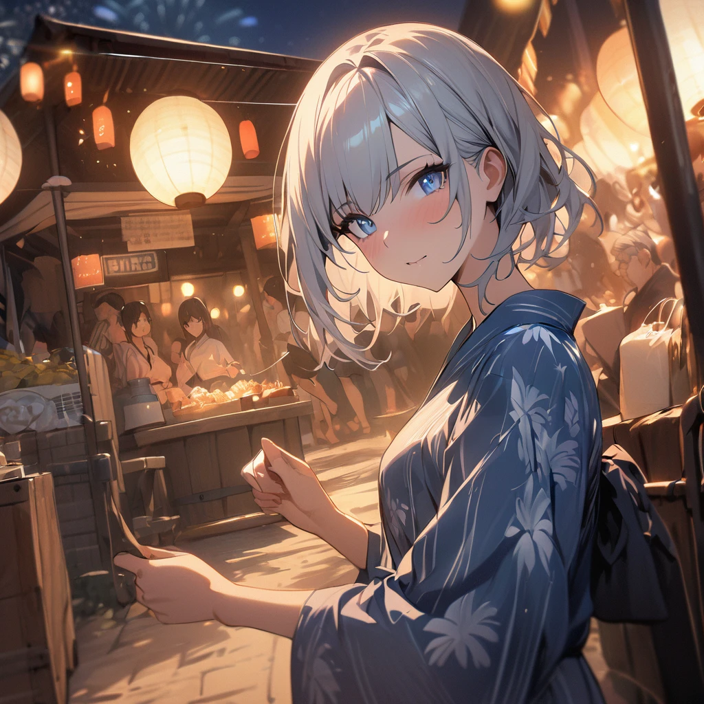 One girl、(((最high quality)), ((masterpiece)), (detailed), masterpiece, 最high quality, high quality, 超detailed, Perfect Face, ((One girl, blue eyes, Silver Bob Hair,))、Shiny Hair、Glowing Skin、yukata、Sandals、Small Breast Summer、port、stall、firework