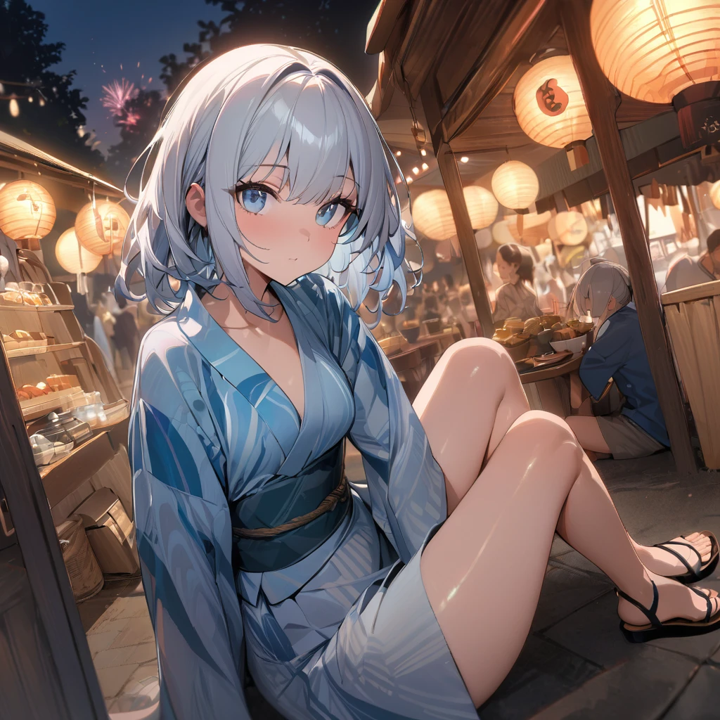 One girl、(((最high quality)), ((masterpiece)), (detailed), masterpiece, 最high quality, high quality, 超detailed, Perfect Face, ((One girl, blue eyes, Silver Bob Hair,))、Shiny Hair、Glowing Skin、yukata、Sandals、Small Breast Summer、port、stall、firework