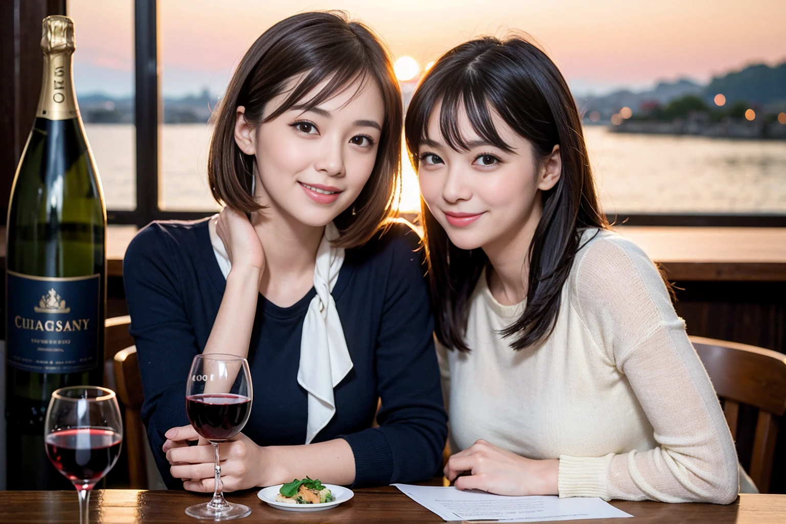 ((Highest quality、8K、masterpiece:1.3))、Shortcuts、cute、slimカップル、modelカップル、actress男優、(Realistic, Intricate details:1.2), full-course dinner、Wine Party、Amazing view of the sunset sky and clouds、A bright smile、short hair,Bright Face、 (Age 45), 42 years old, red wine 、Appetizers、Italian food、Wine bottle、Champagne、sparkling wine、Two beauties、Brown Hair、Shortcuts、Long sleeve shirt、dress、Beautiful woman 1, (slimな顔), (The body is slim), (Brown Hair), (Shortcuts), cheeks turn a little red,Attractive beauty、restaurant, In a prominent place (From the waist up) Nova Frog Style, actress, model, Upper Body, White wine, slim, wine glass, 中央に置かれたwine glass, smile, (smile: 1.15), Beautiful fine grain, Depth f/2,saturation, High Contrast, Strong light and shadow,Moist Body:1.5、3D texture、Delicate eyes、Brown Hair、The hair is very shiny、