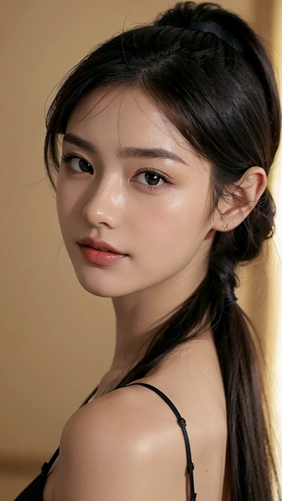 Lipstick in hand,Cosmetics commercial style,Commercial filming studio,close up face,fully body photo,masutepiece, The highest image quality, High quality, the background is clear,Beautiful woman, Japanese, Detailed, Ultra-detailed, finely detail, hight resolution, 8K Wallpaper, Perfect dynamic composition, Beautiful detailed eyes ,Detailed eyes, Detailed skin, Beautiful skin, 超hight resolution, (reality: 1.4),Very beautiful woman, Slightly younger face, Beautiful skin, slender, (Ultra photo realsisim), (hight resolution), (8K), (Very detailed) (beautifully detailed eyes), (super detailed), (Detailed face), view the viewer, Fine details, Detailed face, Staring straight ahead, Staring straight ahead, photos realistic, Bright lighting, Professional Lighting, Black hair,poneyTail,a baby face,sixteen years old,Hairstyle: ponytail,Long ponytail hairstyle,slight smile,