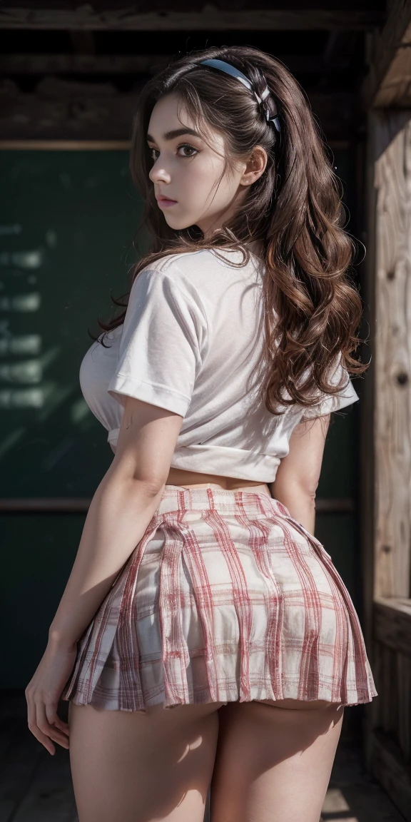 (A high resolution:1.2),ultra detaild,(realisitic:1.37), soft facial features, (((muscular legs))), (((((legs thick))))), (((defined legs))), (((big-ass))), (((bushy eyebrows))), (((tight white school shirt))), (((red mini skirt))), (((plaid hip skirt))), ((((Panty strap exposed))), Eyes red, (((voluminous wavy hair))), (((blackquality hair))), em um parque com arvores , A desperate look,a beautiful work of art,detailed back ground,softshadows,shiny colors,surreal atmosphere,Fine textures,Very beauthful,emotionally charged, fully body pose, (((facing the front))), (((pode facing the front)))