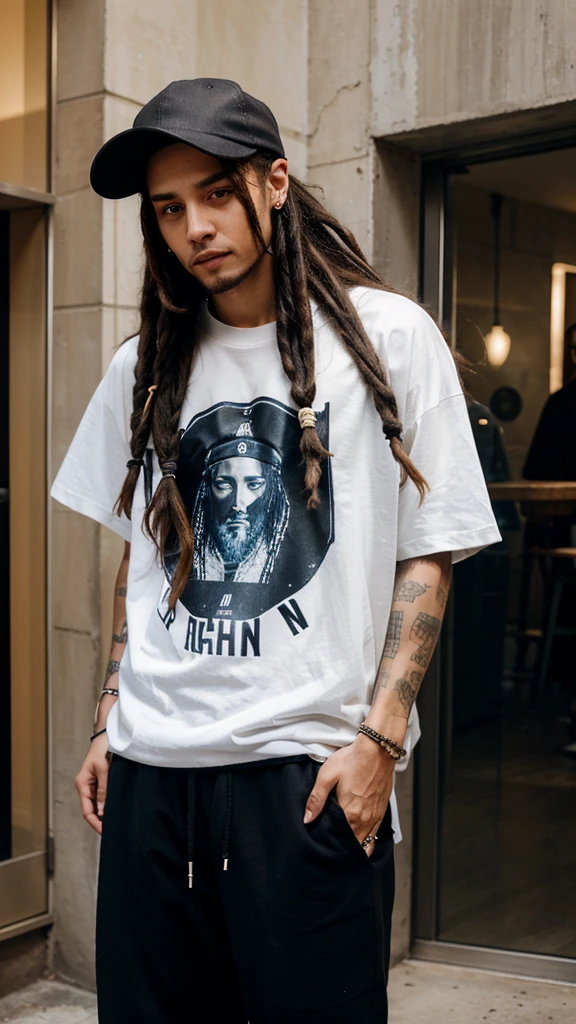A long t-shirt and long pants and very beautiful light skin and dreadlocks and a cap like Tom Kaulitz