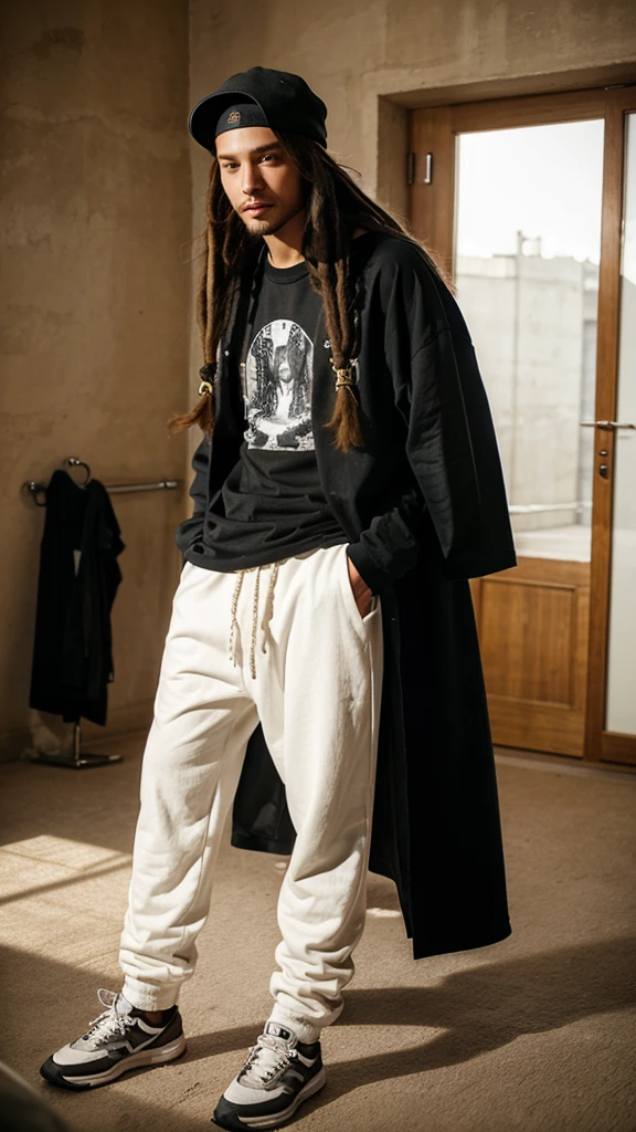A long t-shirt and long pants and very beautiful light skin and dreadlocks and a cap like Tom Kaulitz 