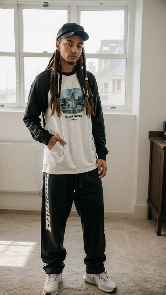 A long t-shirt and long pants and very beautiful light skin and dreadlocks and a cap like Tom Kaulitz