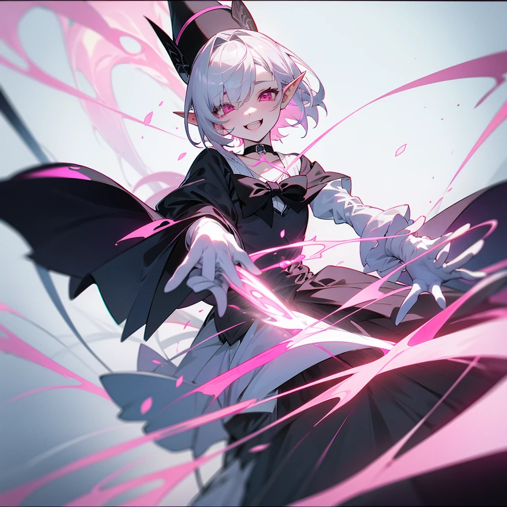 elf, silver hair, female, a girl, , female , glad, laughing, short hair, ponytail, covering one eye, pink eyes, pale skin, tiny, slim, wizard hat, choker, Tuxedo, White gloves, ribbon, skirt, Gothic ta, magic effect, pink loads,