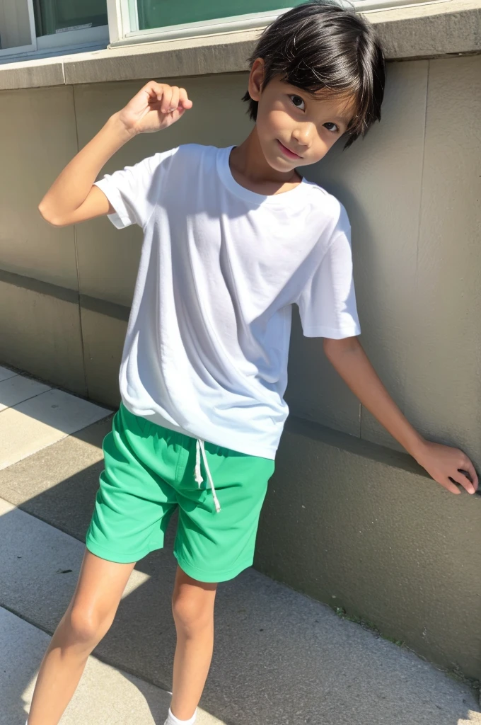 A tanned 12-year-old Japanese boy modeling in shorts during summer vacation White shirt and green shorts