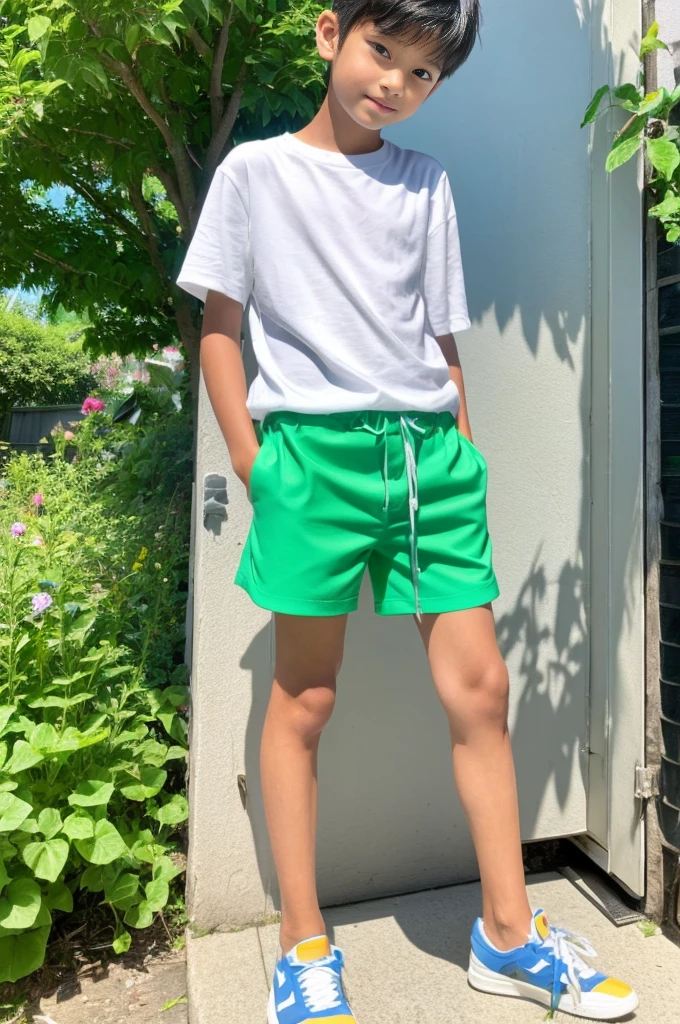 A tanned -yeld Jaese boy modeling in shorts during summer vacation　White shirt and green shorts