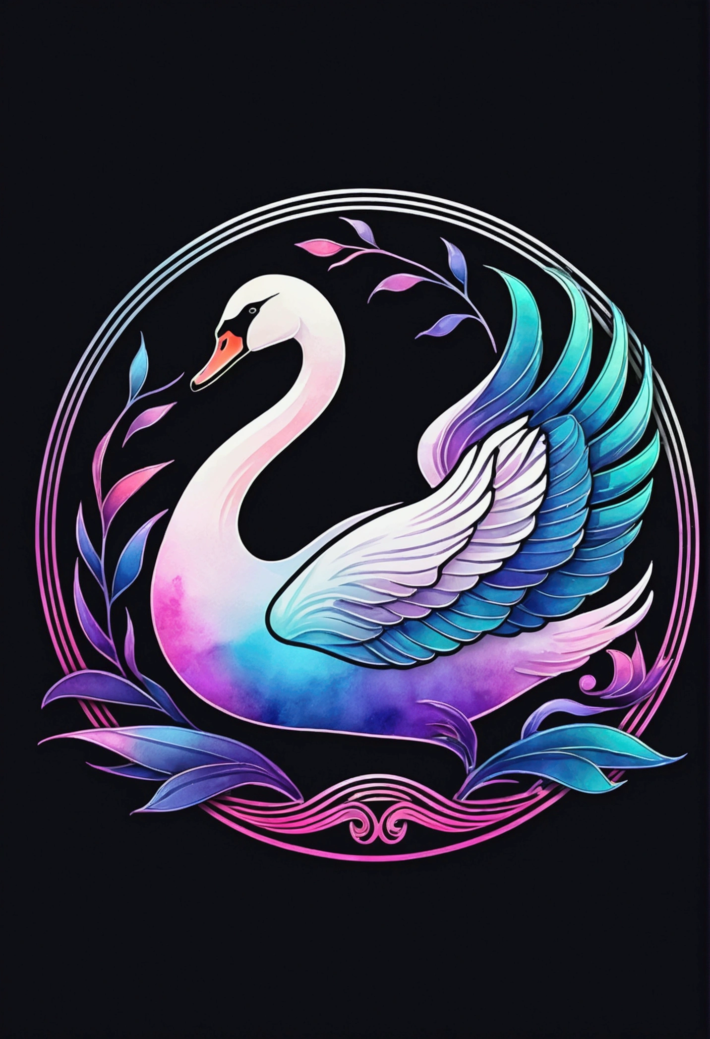 "Swan" logo; shading and gradients, Art Nouveau, vibrant colors and synthwave. Vector design, thin lines, central composition, smooth background, 1:1 air. Watercolor logo style with puff 3D printing effect. Dark colors and strong, monochromatic, yukisakura background, with original and incredible colors."