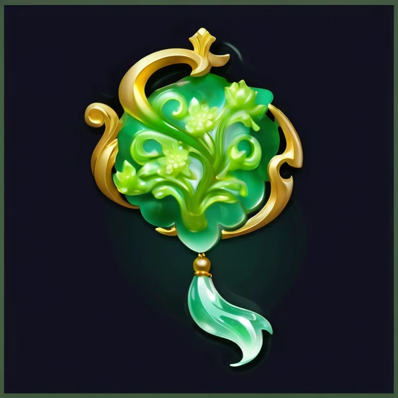 带长尾巴的绿色和金色Jade Pendant, fantasy game , glowing water element, Jade Pendant,Translucent,Game Resources,King Glory style