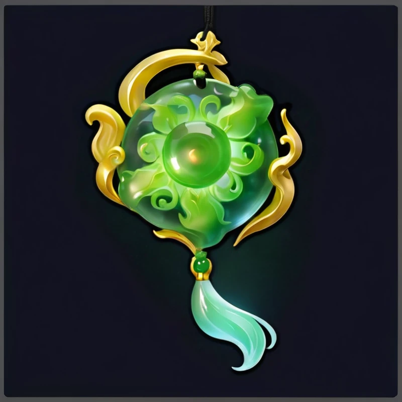 带长尾巴的绿色和金色Jade Pendant, fantasy game , glowing water element, Jade Pendant,Translucent,Game Resources,King Glory style
