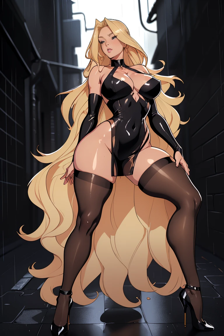 mujer Blonde , long blond hair , Blonde , whole body , big , big butt, voluptuous, legs open , pose sexy , neckline , black party dress, transparent dress , open legs, black stockings , black heels , tight , sexy , Weight , dark alley and rain