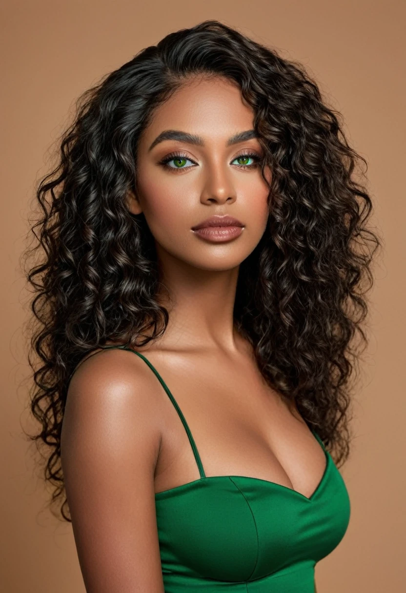 Completely Arafed woman with green eyes, wearing a black dress. beautiful young black woman with dark skin, black Brazilian mixed race, beautiful 30 year old Afro-Latina girl, beautiful African and Latina, Brazilian and Angolan descent, a black woman, mixing African and indigenous features, a unique mix of indigenous, African and European ebony . The hair is extremely curly, with well-defined and voluminous curls. The natural texture. Her hair is long, falling in voluminous waves around her shoulders and down her back. The hair has a lot of volume, creating a full, dense appearance. The hair is black. green eyes, eye is green, green and expressive eyes, beautiful green eyes, realistic green eyes, detailed green eyes (eyeliner, long eyelashes). Perfect eyebrows and are thick. the nose is small and proportional, beautiful face. Attractive and irresistible mouth, well-defined lips, full lips, voluminous lips, seductive lips. The face is oval, with high cheekbones and a well-defined chin, a beautiful and detailed face. Professional, dramatic makeup, a more impactful look with shadows that accentuate the captivating look, Striking makeup, with eyeliner, black lipstick. Skin tone: Olive skin, healthy and with uniform shine, with olive skin, dark skin, sexy girl with skin brunette, detailed skin texture, beautiful and glowing skin, intricate details, smooth skin, healthy and radiant appearance. A woman has a well-defined and athletic body. Her silhouette is shapely, highlighting a thin waist in contrast to fuller hips and bust. She has a prominent bust, with large, firm breasts, silicone breasts, voluminous breasts. Thin waist. The hips are wide and well-defined, with a pronounced hourglass shape and a large butt. The legs are long and muscular, with well-defined thighs. 50 mm lens, f/2.8, hdr, (8K) RAW photo, high quality resolution 8K uhd, dslr, 2k, 4K, 8K, 16K.