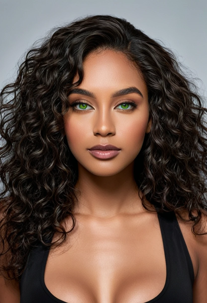 Completely Arafed woman with green eyes, wearing a black dress. beautiful young black woman with dark skin, black Brazilian mixed race, beautiful 30 year old Afro-Latina girl, beautiful African and Latina, Brazilian and Angolan descent, a black woman, mixing African and indigenous features, a unique mix of indigenous, African and European ebony . The hair is extremely curly, with well-defined and voluminous curls. The natural texture. Her hair is long, falling in voluminous waves around her shoulders and down her back. The hair has a lot of volume, creating a full, dense appearance. The hair is black. green eyes, eye is green, green and expressive eyes, beautiful green eyes, realistic green eyes, detailed green eyes (eyeliner, long eyelashes). Perfect eyebrows and are thick. the nose is small and proportional, beautiful face. Attractive and irresistible mouth, well-defined lips, full lips, voluminous lips, seductive lips. The face is oval, with high cheekbones and a well-defined chin, a beautiful and detailed face. Professional, dramatic makeup, a more impactful look with shadows that accentuate the captivating look, Striking makeup, with eyeliner, black lipstick. Skin tone: Olive skin, healthy and with uniform shine, with olive skin, dark skin, sexy girl with skin brunette, detailed skin texture, beautiful and glowing skin, intricate details, smooth skin, healthy and radiant appearance. A woman has a well-defined and athletic body. Her silhouette is shapely, highlighting a thin waist in contrast to fuller hips and bust. She has a prominent bust, with large, firm breasts, silicone breasts, voluminous breasts. Thin waist. The hips are wide and well-defined, with a pronounced hourglass shape and a large butt. The legs are long and muscular, with well-defined thighs. 50 mm lens, f/2.8, hdr, (8K) RAW photo, high quality resolution 8K uhd, dslr, 2k, 4K, 8K, 16K.