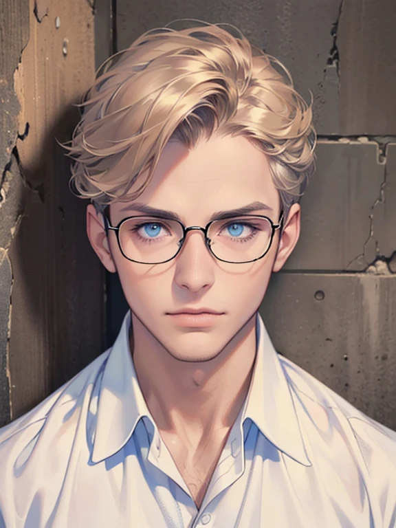 masterpiece, best quality, 1boy, brunette hair, blue eyes, glasses, white shirt, mugshot, wall background, detailed eyes, detailed facial features, realistic and high resolution (best quality, 4k, 8k, highres, masterpiece:1.2)