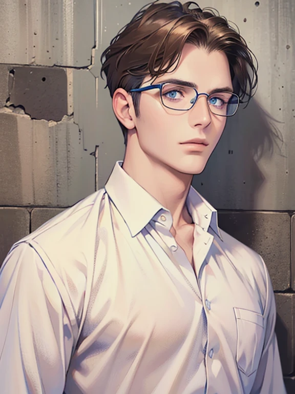 masterpiece, best quality, 1boy, brunette hair, blue eyes, glasses, white shirt, mugshot, wall background, detailed eyes, detailed facial features, realistic and high resolution (best quality, 4k, 8k, highres, masterpiece:1.2)