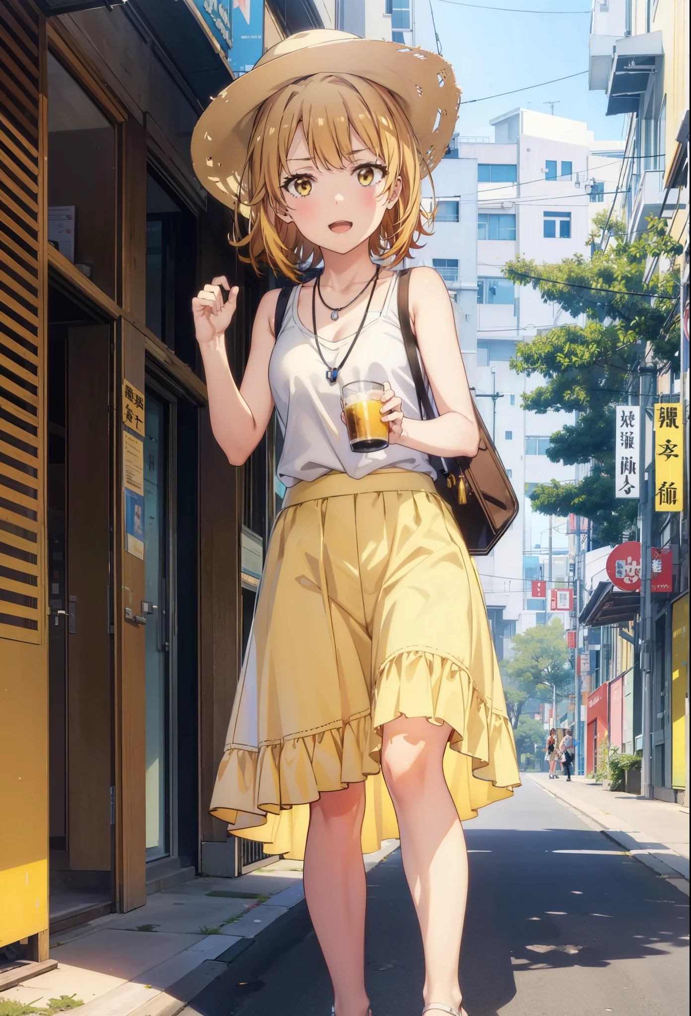 Irohaisshiki, isshiki iroha, One Woman,short hair, Brown Hair, (Brown eyes:1.5), happy smile, smile, Open your mouth,White hat,Yellow Tank Top,Locket Necklace,Long skirt,Heeled Sandals,Palm tree,True Summer,Daytime,Clear skies,Walking,whole bodyがイラストに入るように,
break outdoors,In town,Tropical,Okinawa　Kokusai Street,
break looking at viewer,whole body,
break (masterpiece:1.2), Highest quality, High resolution, unity 8k wallpaper, (figure:0.8), (Beautiful attention to detail:1.6), Highly detailed face, Perfect lighting, Highly detailed CG, (Perfect hands, Perfect Anatomy),