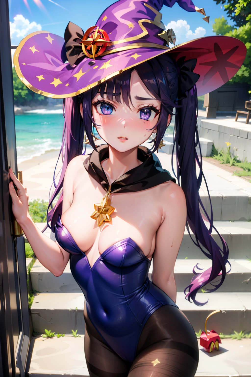 mona_tpa, 1girl, mcdonald's, indoor, purple hair, aqua eyes, small breasts, witch hat, stairs, shrine, lens flare, star_(symbol) pantyhose, highly detailed, absurdres, masterpiece, a come-hither face, nose blush, blush, parted lips