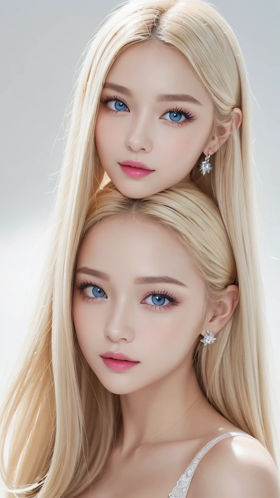 (((White background、rim light、lighting forward、shoot from above、Sexy Dress、forehead、White Blonde、Blonde、White Background、Show the whole body)))、Northern Europe、Russia、beautiful girl、Platinum Blonde Hair、Straight Long Hair、Big Blue Eyes、Northern Europeの若者、Glowing Skin、Young and beautiful skin、A perfect and beautiful little face、Bright makeup、Pale pink lips、Bright expression、lipstick、Intricate details、High resolution、 Detailed features of face design、Big Breasts、face-friendly lighting
