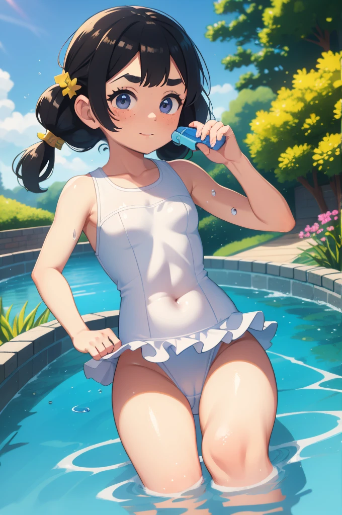 masterpiece，Highest quality，Cute doodles，Hilarious, Honor student, 8-year-old，Low length，Curly Hair, Twin tail hair，Vibrant, inquisitive eyes，freckles，Thick eyebrows，Open Fly，Swim in a simple pool in your garden，Jojo Fashion，Water gun，Wet body，たくさんのsplash，Water Drop，enjoy playing in the water，splash, Sheer one-piece white swimsuit for children,