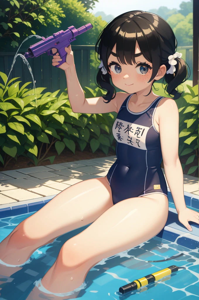 masterpiece,Highest quality,Cute doodles,Hilarious, Honor student, 8-year-old,Low length,Curly Hair, Twin tail hair,Vibrant, inquisitive eyes,freckles,Thick eyebrows,Open Fly,Swim in a simple pool in your garden,Jojo Fashion,Water gun,Wet body,たくさんのsplash,Water Drop,enjoy playing in the water,splash, Sheer one-piece white swimsuit for children,
