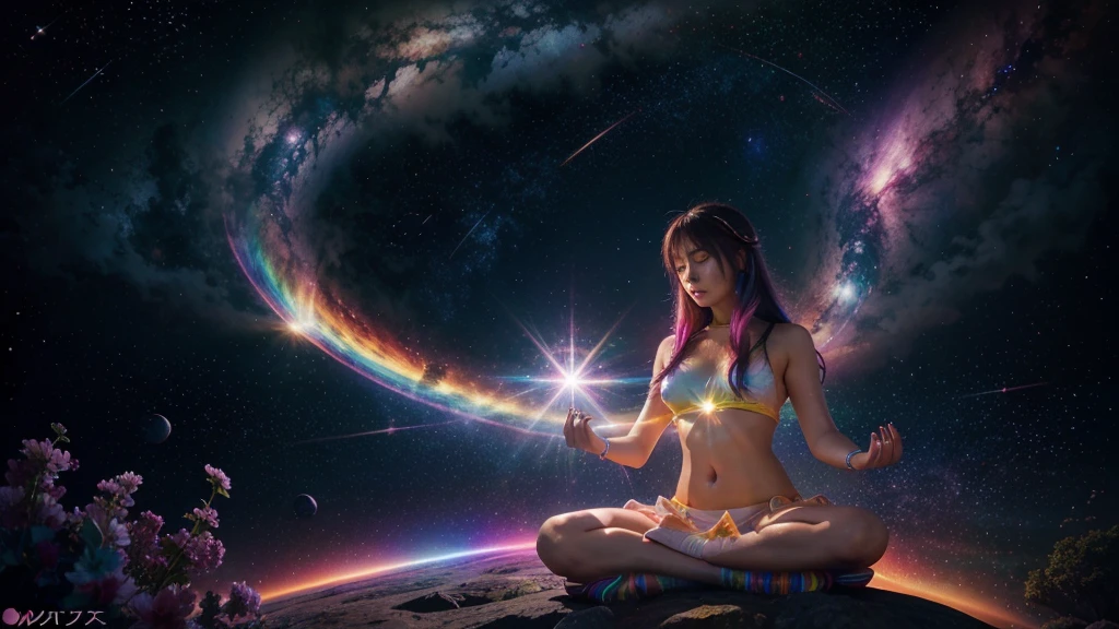 Digital anime art, the seven chakras, meditation, cosmic space, exuding enlightenment, bright vibrant colors, flowers everywhere, stars and space, rainbow vibrant colors, vulmetric lighting, 8k resolution, highly detailed