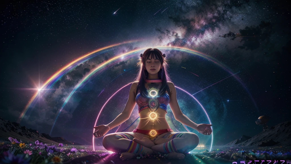 Digital anime art, the seven chakras, meditation, cosmic space, exuding enlightenment, bright vibrant colors, flowers everywhere, stars and space, rainbow vibrant colors, vulmetric lighting, 8k resolution, highly detailed