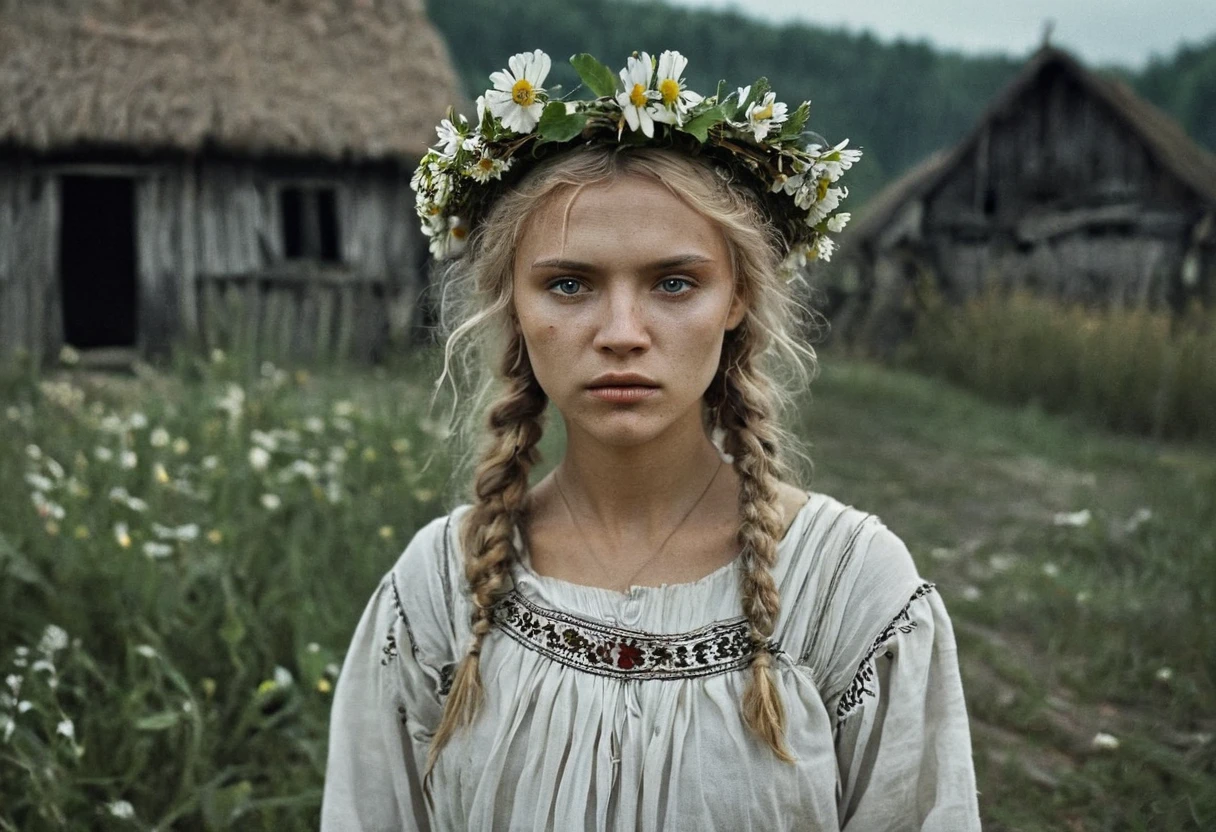 shot of Poludnitsa, a mythological character of Slavic folklore, this is a frighteningly dangerous woman with blond hair, with a wreath of flowers on her head and in a white peasant dress, with a sickle in her hand, her hands are black in soot, a scene from the film, cinematic, vintage color grading, dark mystical atmosphere --ar 3:2