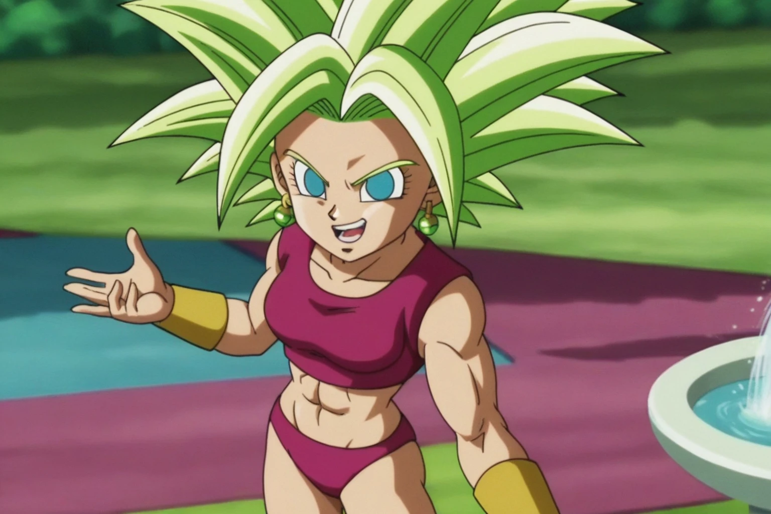fountain_cheered up, score_9, score_8_above, score_7_above, cheered up screencap,
kefladb, 1 girl, Alone, looking at the viewer, SMILE, Open mouth, Blue eyes, belly button, potara earrings, green fur, diaphragm, muscular, ABS, spiky hair, aura, saboveer saiyan, blonde Eyebrows, blurred background, clavicle, Eyebrows, eyelashes, cowboy shot, green sky, no paboveils, medium_old, shadow, standing, toned, v-shaped Eyebrows, sexy bikini, pechos mediums, trasero medium, sexy butt, whole body
 
 
