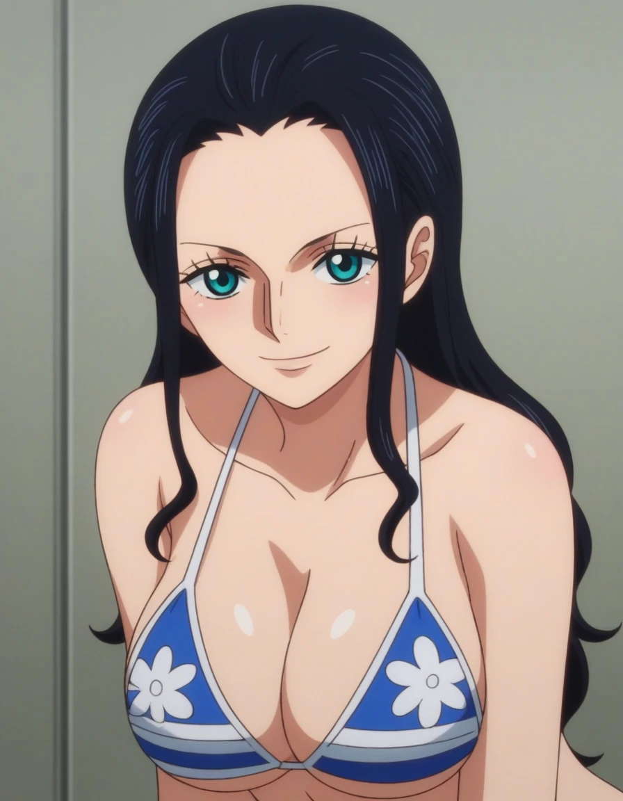 score_9, score_8_up, score_7_up, source_anime, anime screencap, one_piece_style, Nico Robin, black hair, long hair, blue eyes, large breasts, perfect body, bikini, looking at viewer, smile, cleavage, from front, upper body, looking at viewer