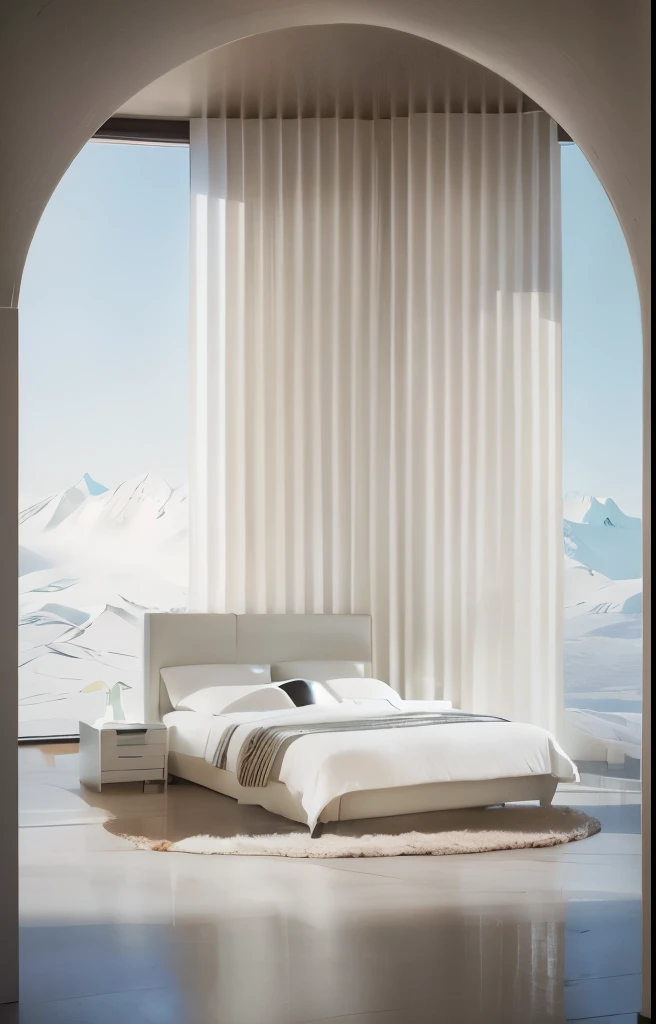 there is a floor that is in a room with a large window, serene floorroom setting, white floor, Natural light as background, floorroom background, floor room, Personal room background, floor is not made, floor, Natural light in the room, floor on the right, Smooth Utopian Design, Modern minimalist f 2 0, aurora, Inspired by Li Di, floorroom,carpet,4k details,Real Light Effects,Snow mountain background