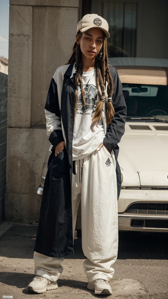 A long shirt and long pants and very beautiful light skin and dreadlocks and with a cap like Tom Kaulitz, a woman