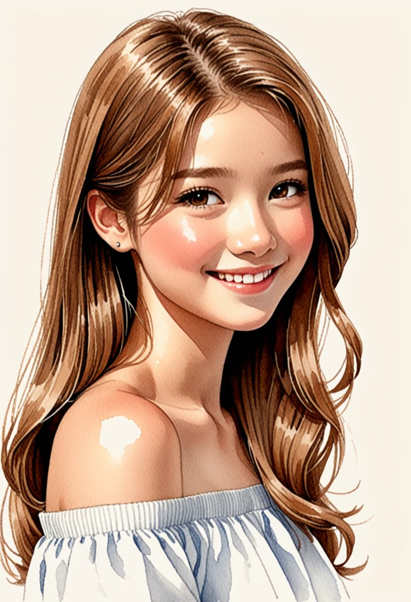 Hand-drawn watercolor illustration, One Girl,Light brown hair(Straight hair),off shoulder(white),,smile,cute, cute, Simple, Pencil line drawing