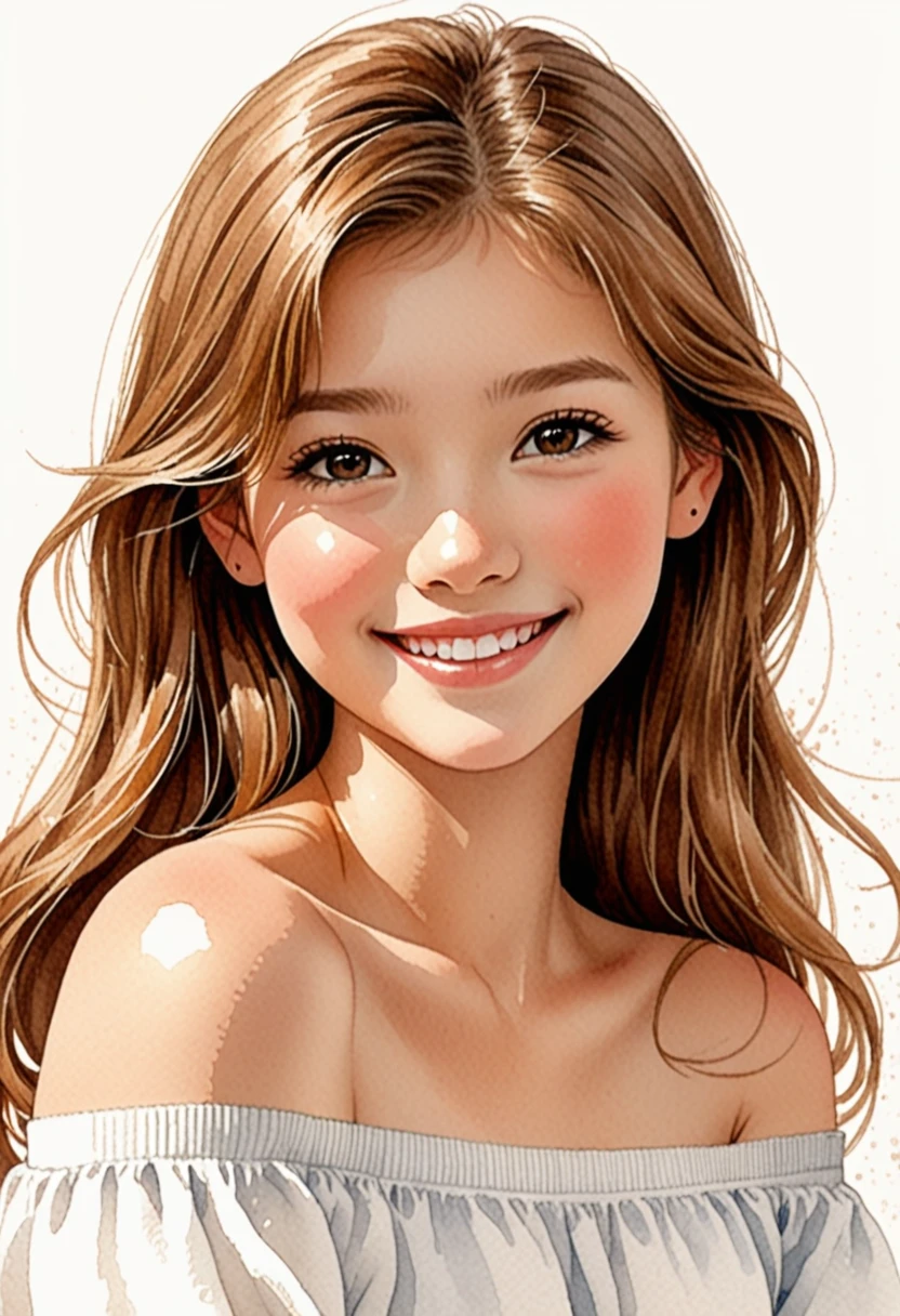 Hand-drawn watercolor illustration, One Girl,Light brown hair（Straight hair）,off shoulder（white）,,smile,cute, cute, Simple, Pencil line drawing