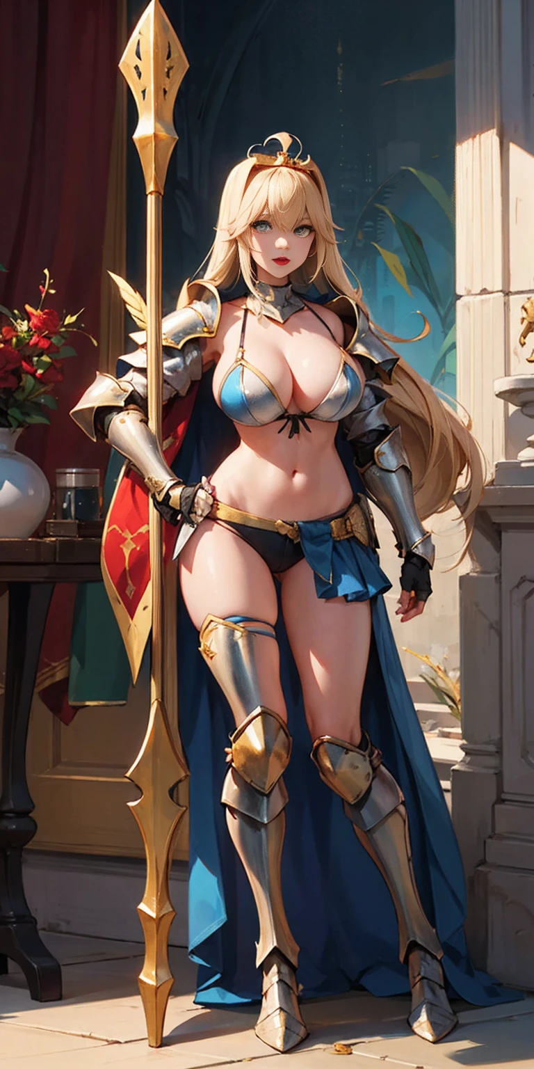 Full body 1chicasolo, long_Hair,jewelry, superior_body, lipstick, pindiintes, layer, armor, tiara, corona, shoulder_armor, red gauntlets, shoulder pads, breastpline, female knight, golden shinny armor, cheered up_Colorant, looking_in_viewer