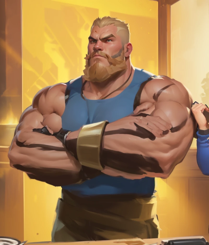cartoon of a man with a beard and a woman with a blue shirt, heavy looking, buff man, heavy weapons guy, very buff, beefy, heavy gesture style closeup, buff painting, robust stocky body, muscular character, big arms, doomfist, heavy detailed, technoviking male with no shirt, torbjorn from overwatch, stocky