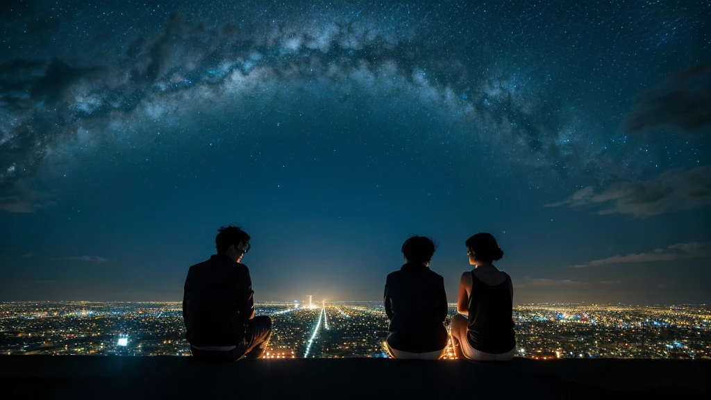 Night Sky、Night view、The sparkling sea seen from the mountain、star々Sparkle of、青色と黒色が美しいNight Sky、star空、Seashells reflecting light、blue is beautiful、glossy、Ultra HD、beauty、background、Dugong and sea otter look out over the sky、delicate、Contrasting