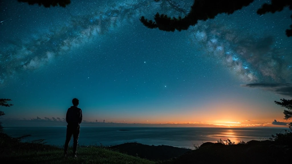 Night Sky、Night view、The sparkling sea seen from the mountain、star々Sparkle of、青色と黒色が美しいNight Sky、star空、Seashells reflecting light、blue is beautiful、glossy、Ultra HD、beauty、background、Dugong and sea otter look out over the sky、delicate、Contrasting