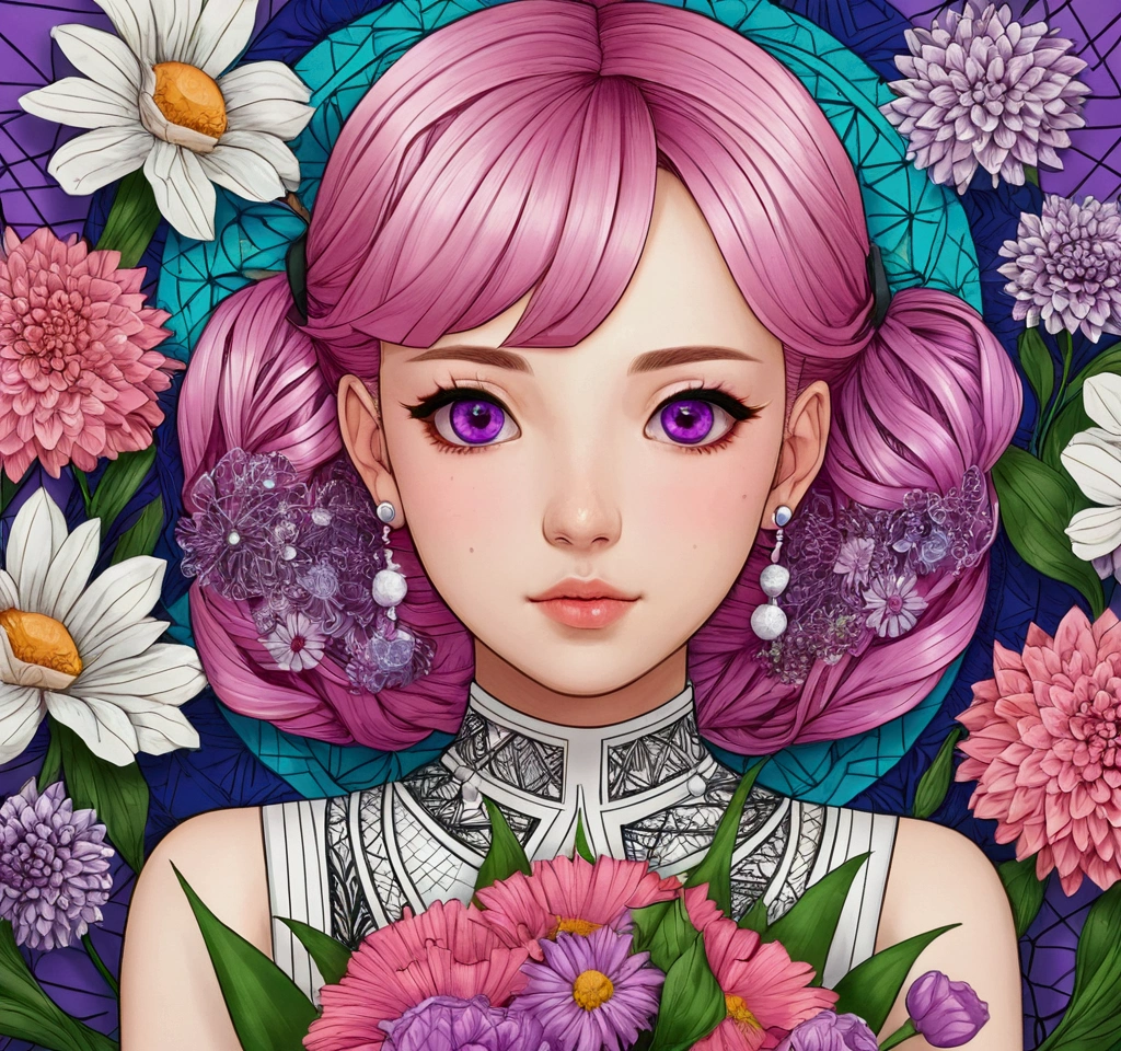 (ultra-detailed background, detailed background), absurdity, A high resolution, ultra detailed, extremely detailed, 1 girl, Yae Miko, pink hair, purple eyes, (bouquet of flowers:1.3), (zentangle:1.2), (geometric:1.2),(Colorful),